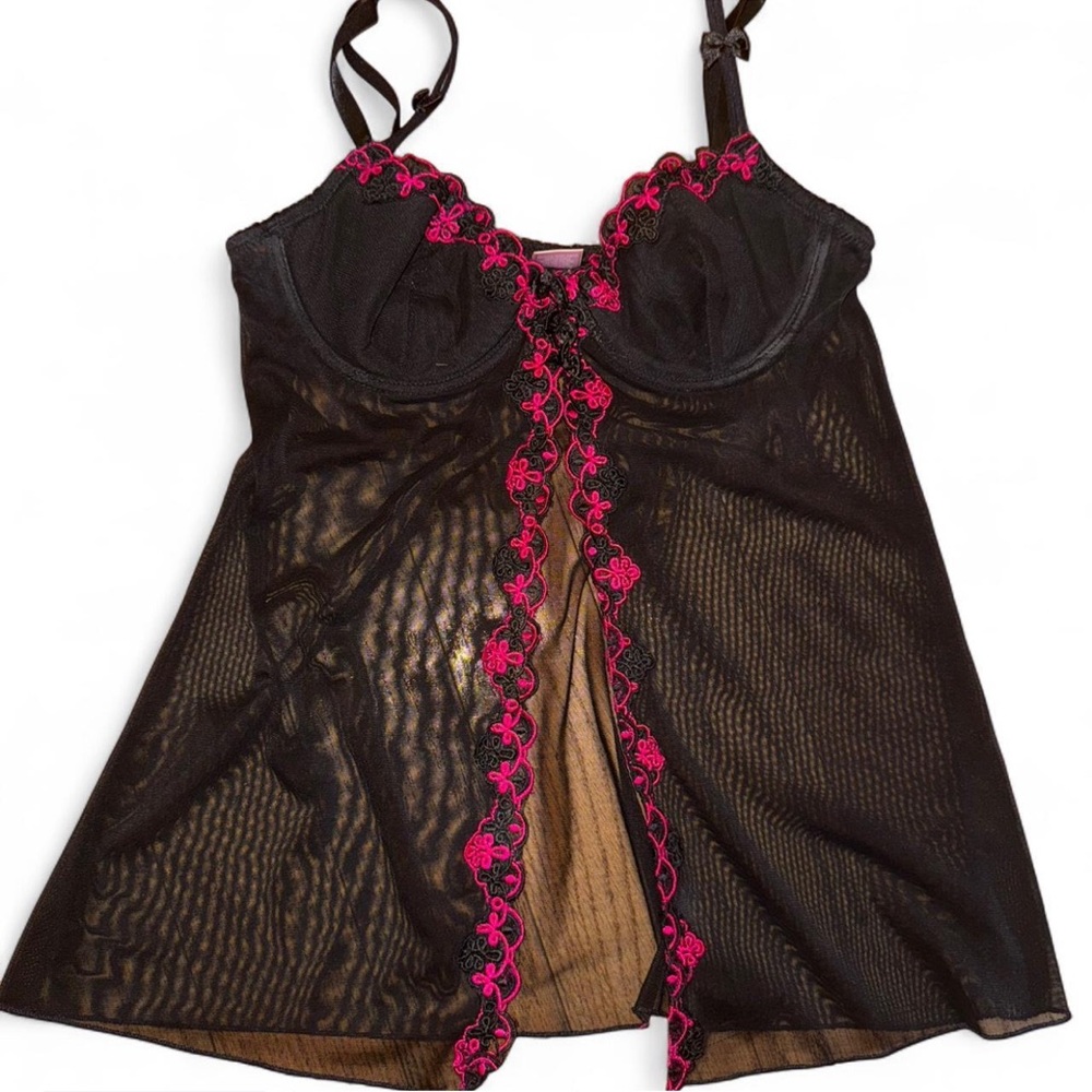 Beautiful Black Mesh and Pink Lace Babydoll Top